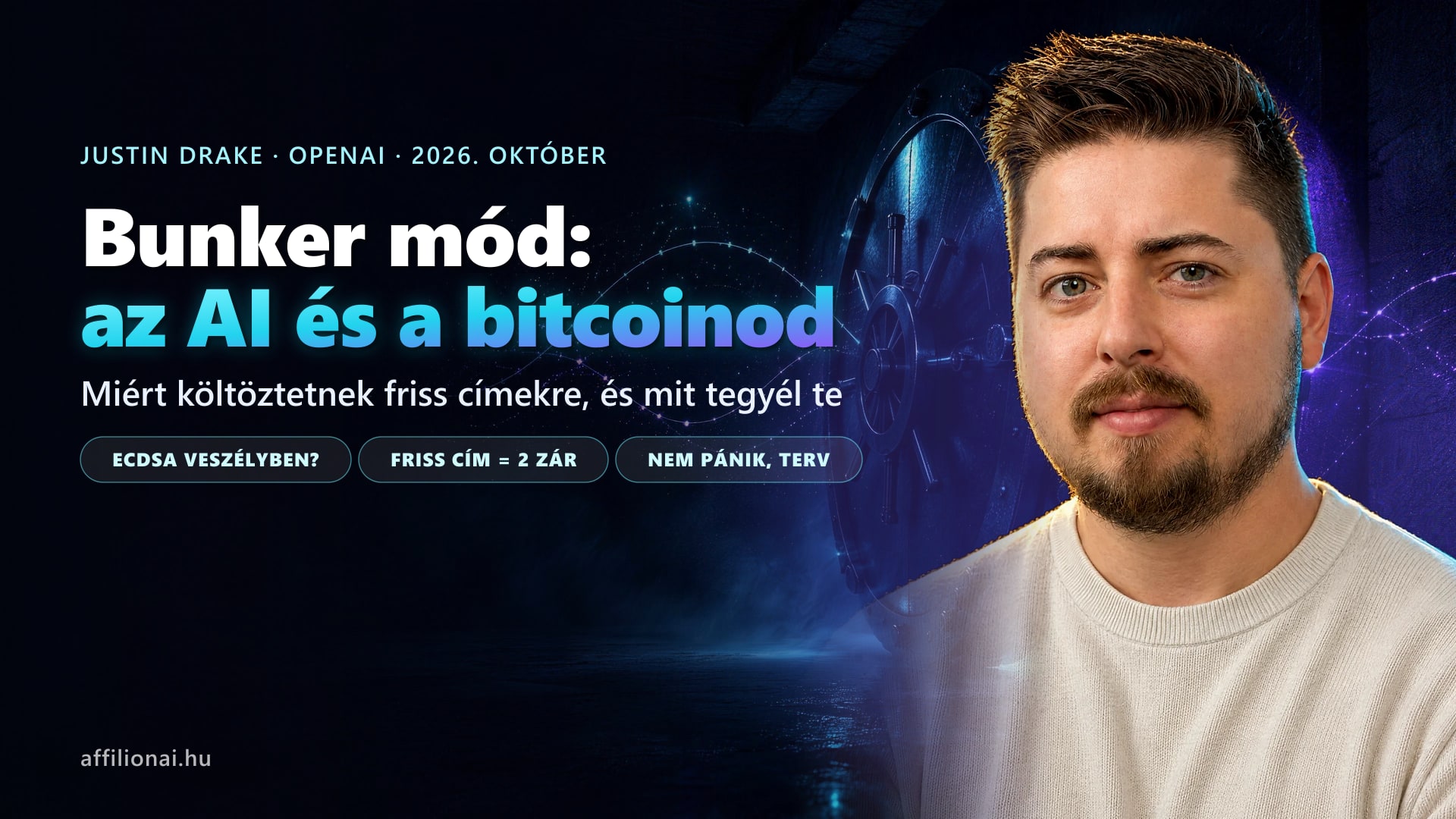 Fekete Zoltán a cikk borítóján, mögötte egy nyitott bunkerajtó, felirat: bunker mód, az AI és a bitcoinod