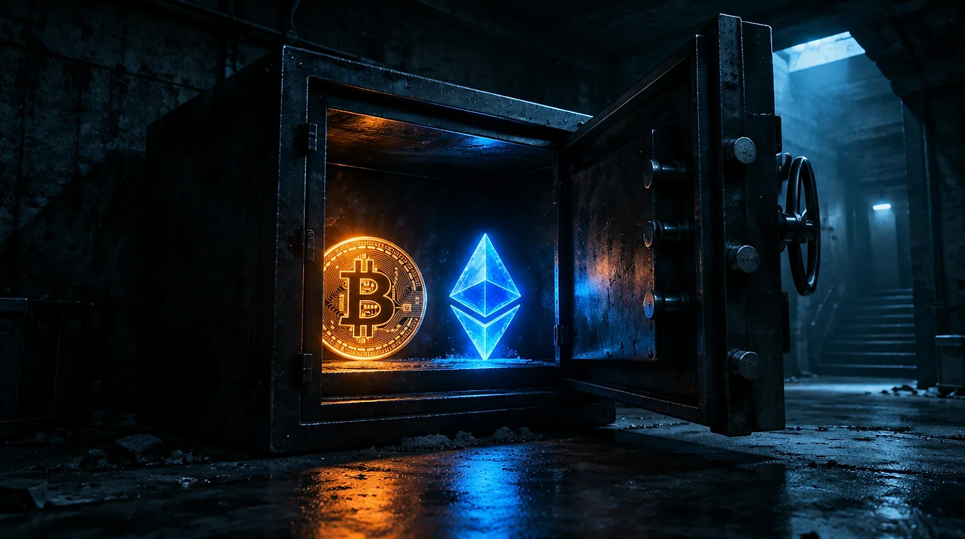 Nyitott, nehéz acélszéf egy sötét bunkerben, benne egy világító bitcoin-érme és egy ethereum-kristály