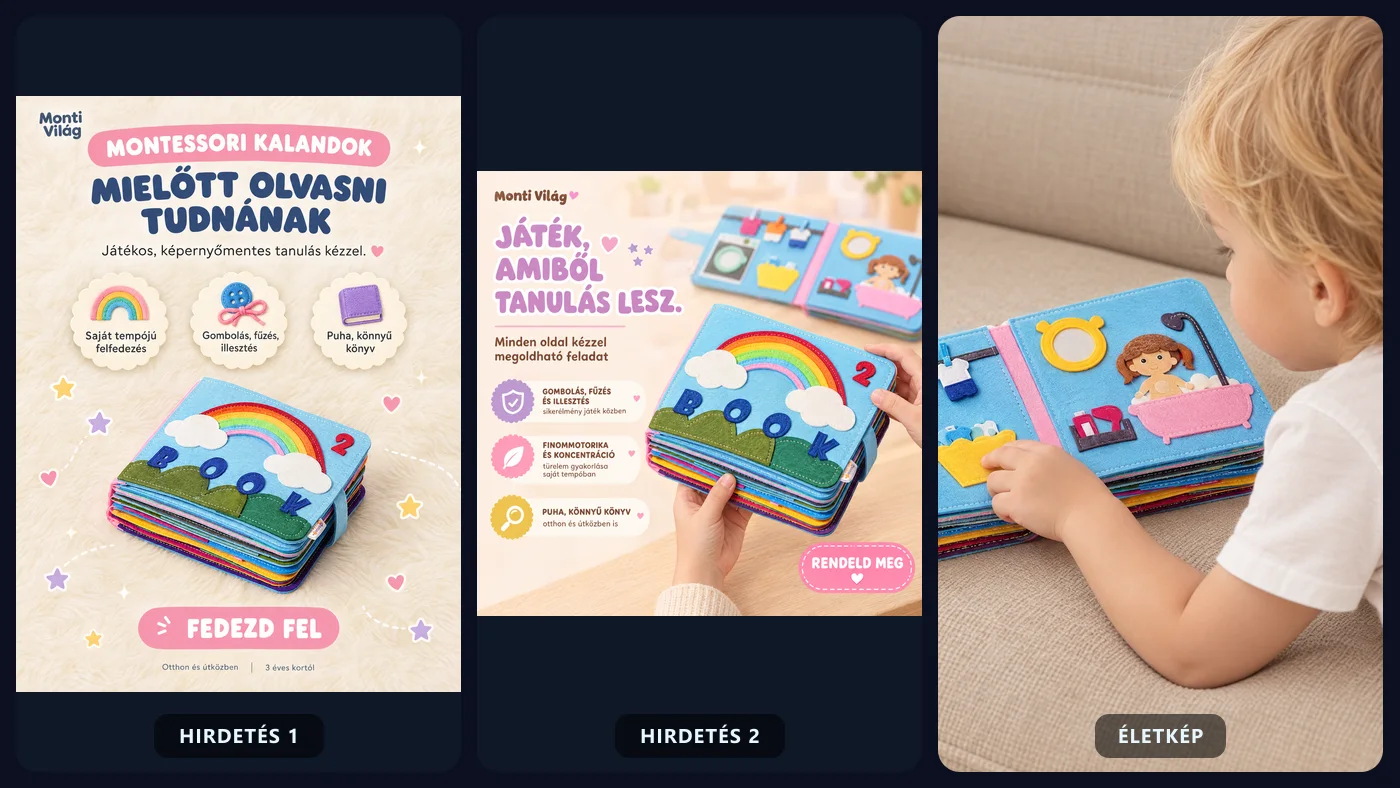 Három Monti Világ reklámkép, amelyet a Higgsfield Static Ads egyetlen termékből készített: két álló hirdetés és egy életkép a foglalkoztató könyvvel