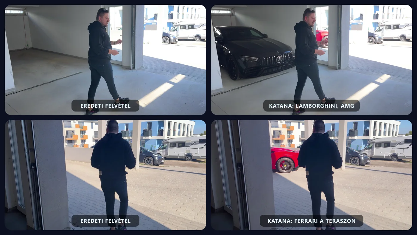 Két jelenet előtte és utána: a saját garázsos felvétel üres beállóval, majd a Katana által behelyezett Lamborghinivel és AMG-vel, illetve a kijárat egy szürke autóval, majd a teraszon álló piros Ferrarival