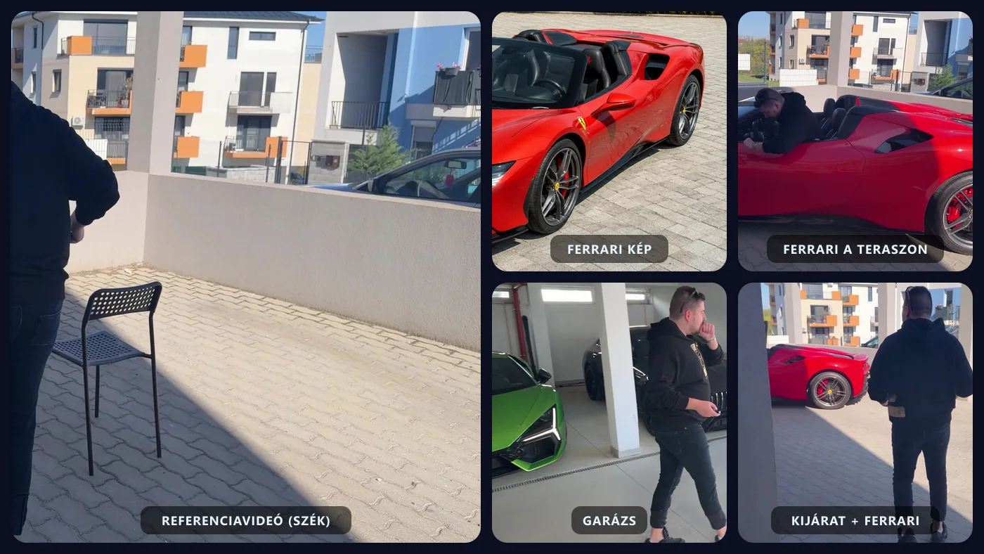 A Katanának átadott anyagok: a referenciavideó képkockája egy székkel, a Ferrari SF90 képe, a terasz fotója, a garázs fotója és a terasz a Ferrarival