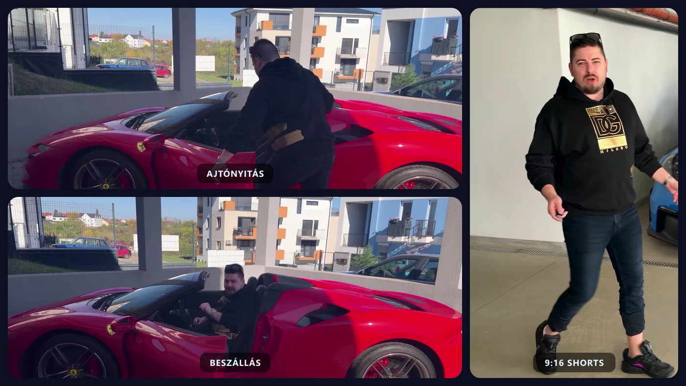 A beszállás két képkockája: nyílik a Ferrari ajtaja, majd beülök a vezetőülésbe, mellette az álló, 9:16-os Shorts-változat képkockája a garázsból