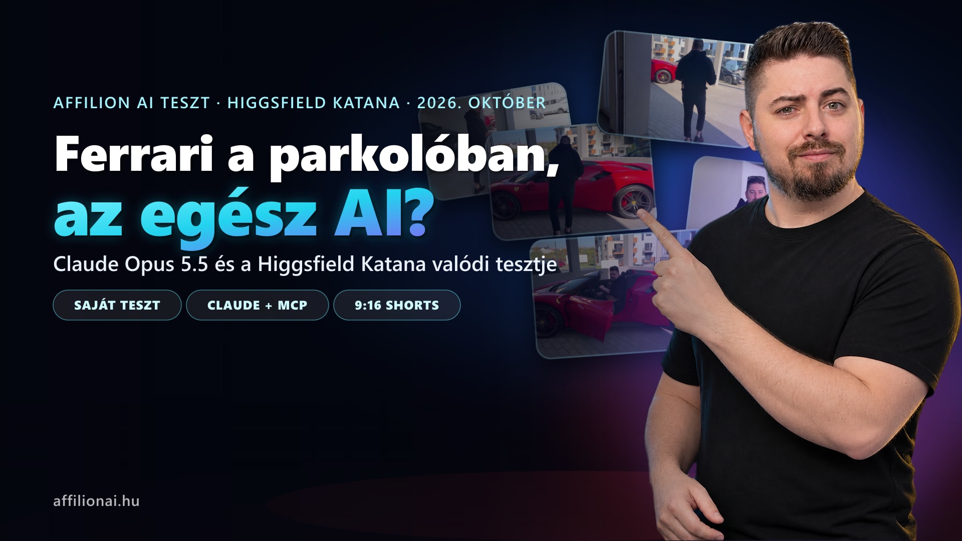 Fekete Zoltán a cikk borítóján, mögötte a Katanával készült Ferrari-jelenet képkockái, felirat: Ferrari a parkolóban, az egész AI?